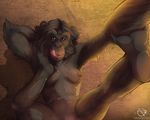  anthro ape barefoot breasts brown_eyes chimpanzee erect_nipples feet female feral foot_fetish fur hair hi_res looking_at_viewer lying mammal nipples nude on_back pose prehensile_feet primate raised_leg smile solo toes tongue vagabond 