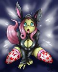  2016 anthro anthrofied breasts cleavage clothed clothing equine female fluttershy_(mlp) friendship_is_magic hair hi_res horse legwear long_hair mammal my_little_pony open_mouth pink_hair pony solo tongue tongue_out vd-dv 