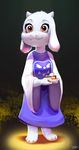  caprine clothing cute female flower food goat hi_res horn imalou looking_at_viewer mammal monster paws pie plant red_eyes smile solo teeth toriel undertale video_games 
