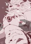  abs anthro biceps big_muscles blush claws clenched_teeth clothed clothing digimon disembodied_hand ear_piercing feline fur grope leomon lion male male_lactation mammal muscular nipple_pinch nipples pecs piercing red_background simple_background teeth topless xigma_t56 