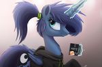  2016 blue_fur blue_hair clothed clothing cup cutie_mark english_text equine female feral friendship_is_magic fur glowing hair hi_res hoodie horn levitation looking_at_viewer magic mammal my_little_pony ncmares ponytail princess_luna_(mlp) smile solo text winged_unicorn wings 