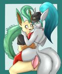  2016 3_tails anthro big_ears blush breasts canine clothing double_penetration duo eeveelution erection fan_character female fluffy fur green_eyes hair hat hi_res leafeon legwear long_hair mammal mina-the-pie multi_tail multiple_tails nintendo open_mouth penetration penis pok&eacute;mon pussy simple_background smile stockings tongue video_games work 