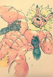  abs anthro biceps big_muscles blush digimon fangs feline grope hi_res leomon lion male male/male mammal muscular nipple_stimulation nipples nude one_eye_closed open_mouth pecs seitora simple_background teeth 