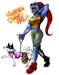  canine collar dog doggo eye_patch eyewear female fish g0966 hair hi_res leash male mammal marine monster open_mouth red_hair simple_background text undertale undyne video_games white_background yawn 