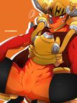  abs anthro armor blonde_hair bottomless card clothed clothing dragon drum_(buddyfight) drum_bunker_dragon future future_card_buddy_fight future_card_buddyfight grin hair male muscular ragujuka reptile scalie slit 