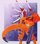 absurd_res armor avante92 bottomless breasts cleavage clothed clothing digimon female hi_res navel pussy rizegreymon skimpy solo unconvincing_armor weapon 