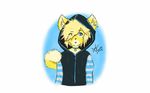  blonde_hair blue_background cat clothing collar feline fur hair hoodie kiwa kiwa_flowcat mammal piercing simple_background yellow_fur 