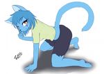  2016 all_fours anthro blue_fur blue_hair breasts brown_eyes butt clothed clothing english_text feline female fur hair half-closed_eyes looking_at_viewer mammal purple_markings raised_tail shadow shirt shorts side_boob signature simple_background smile solo tailzkim text torn_clothing white_background 