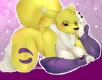  2016 all_fours anthro big_breasts black_claws black_nose black_sclera blush breasts bridal_gauntlets canine claws digimon female fox fur looking_at_viewer mammal markings mostly_nude nexybutt purple_background purple_markings raised_tail renamon simple_background smile solo teeth white_fur yellow_eyes yellow_fur 