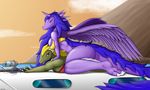  2016 absurd_res amethyst_sniper anthro bikini boat claws clothed clothing cruiser detailed_background digital_media_(artwork) dragon duo eye_contact feathered_wings feathers female fishing fishing_rod furry_tail hair hand_on_shoulder happy hi_res holding_(disambiguation) horn lips long_hair lying mountain on_front on_top on_top_of open_mouth outside reptile scalie sea siiri sitting sky smile smirk swimsuit toe_claws vehicle water wiira window wings 
