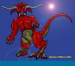  2004 big_feet biped bovissaur claws fangs fur horn hybrid lizard looking_at_viewer male mammal nude pbfurry red_fur reptile ryelack scales scalie solo toes 