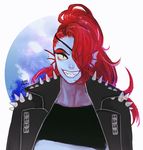  2016 abstract_background anthro blue_skin chunsik clothed clothing eye_patch eyewear fangs female fish hair hair_over_eye jacket long_hair marine portrait red_hair sharp_teeth smile solo teeth undertale undyne video_games yellow_eyes 
