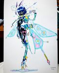  absurd_res android animal_humanoid arthropod blue_eyes blue_hair blush breasts butt female gynoidherring hair hi_res humanoid insect_humanoid looking_at_viewer machine metal moonlight multi_arm multi_limb navel nipples nude pussy robot rubber side_view small_breasts solo traditional_media_(artwork) wings 