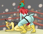  all_fours anthro avian bird black_sclera blue_body breasts butt clothing dildo feathers female female/female fighting_ring from_behind_position fur green_body hawlucha hi_res looking_back mammal mask nintendo nude nukenugget one_eye_closed orange_feathers pikachu pok&eacute;mon pussy_juice red_body rodent sex sex_toy side_boob smile strapon video_games wrestling yellow_body yellow_eyes yellow_fur 