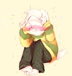  :3 anthro asriel_dreemurr barefoot blush boss_monster caprine clothing covering_face cute flustered fur goat happy japanese_text jeans kemono long_ears male mammal onomatopoeia pants paws pkbunny polo_shirt short_tail shy simple_background solo solo_focus sound_effects text undertale video_games white_background white_fur 