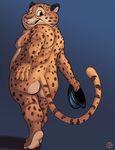  barefoot benjamin_clawhauser butt cheetah dbruin disney feline holding_clothing looking_at_viewer looking_back male mammal moobs nude officer&#039;s_cap overweight pinup pose signature solo standing walking zootopia 