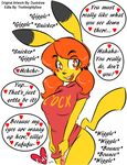 &lt;3 anthro anthrofied black_fur bottomless bouncing breasts brown_eyes butt cheerful clothed clothing dialogue dickgirl duckdraw edit embarrassed flaccid flirting fur futa&#039;chu giggling hair happy intersex looking_at_viewer mammal nintendo open_mouth orange_hair penis pigtails pikachu pok&eacute;mon rodent simple_background smile solo solo_focus standing teasing thealmightysear video_games yellow_fur 