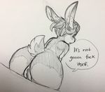  2016 anthro anus bent_over big_butt blush butt dialogue dutch_angle english_text female fur glacierclear greyscale hair lagomorph looking_at_viewer looking_back mammal monochrome nude pencil_(artwork) presenting presenting_hindquarters presenting_pussy pussy rabbit short_hair solo text traditional_media_(artwork) 