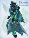  2016 ambris anthro anthrofied armor big_breasts blue_hair bracers breasts changeling cleavage clothed clothing eyelashes eyeshadow fangs female friendship_is_magic green_eyes grin hair half-closed_eyes hand_behind_head hi_res horn jewelry legwear long_hair looking_at_viewer makeup my_little_pony necklace queen_chrysalis_(mlp) smile solo stockings thigh_highs 