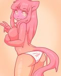  butt cat clothed clothing covering covering_breasts digital_media_(artwork) feline female goo gui_(character) hair hi_res looking_at_viewer looking_back mammal open_mouth panties pink_body pink_hair portrait rear_view slime solo standing three-quarter_portrait topless underwear v_sign zyira 
