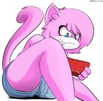  2014 aeris_(vg_cats) blue_eyes cat clothing feline female fur mammal nintendo nintendo_ds pink_fur saran-rape shorts solo vg_cats video_games webcomic white_fur 