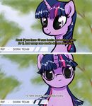  2016 absurd_res comic english_text equine female feral friendship_is_magic hair hi_res horn looking_at_viewer mammal my_little_pony outside plotcore purple_eyes smile solo text tree twilight_sparkle_(mlp) unicorn 