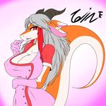  2016 anthro big_breasts breasts cleavage clothed clothing dragon english_text female gloves grey_hair hair horn huge_breasts long_hair looking_at_viewer nipple_bulge open_mouth orange_scales orange_skin purple_background raised_tail red_eyes scales scalie simple_background sngiature solo tailzkim text tongue white_scales white_skin 