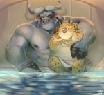  abs anthro bare_chest benjamin_clawhauser biceps big_muscles cheetah chief_bogo disney duo embarrassed eye_contact feline fur grey_fur horn kalchivo male male/male mammal musclegut muscular nipples pecs sauna size_difference slightly_chubby water_buffalo zootopia 
