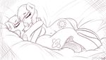  2014 after_kiss anthro bandaid_(oc) bed blush breast_squish breasts breasts_frottage cutie_mark duo ear_piercing equine eyes_closed fan_character female female/female hand_behind_back horse hug inner_ear_fluff kissing lying mammal monochrome my_little_pony navel nude on_back on_bed piercing pony replica_(artist) reppy saliva saliva_string 