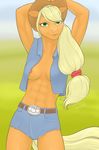  2016 anthro applejack_(mlp) arareroll areola arms_above_head blonde_hair breasts cleavage clothed clothing earth_pony equine female freckles friendship_is_magic hair hat hi_res horse looking_at_viewer mammal my_little_pony navel open_shirt outside pony shorts smile solo teasing 