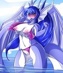  2016 anthro bat_wings big_breasts blue_hair blue_scales blush breasts clothed clothing cloud dragon female fin hair hi_res horn lactating long_hair membranous_wings milk navel open_mouth outside pussy pussy_juice scales scalie sky solo suddenhack teeth torn_clothing water white_scales wide_hips wings yellow_eyes 