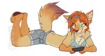  2015 ailuranthropy anthro blue_eyes bra canine cellphone chest_tuft clothed clothing coyote feathers female kohi_(waruikoohii) looking_down lying mammal off_shoulder on_front phone shorts simple_background solo tuft underwear white_background 