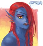  2016 abstract_background bare_shoulders blue_skin eye_patch eyewear fangs female fish hair hair_over_eye hi_res long_hair looking_at_viewer marine portrait red_hair solo tongue undertale undyne video_games xid_cm yellow_eyes 