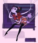  an-artist-complex_(artist) anthro arachnid arthropod black_hair clothing dress fangs female grey_skin hair hair_bow hair_ribbon hi_res muffet multi_arm multi_eye multi_limb noseless purple_eyes ribbons sitting smile solo spider tea_cup tea_pot undertale video_games 