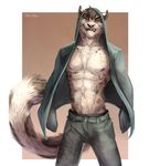  2015 abs anthro blue_eyes chest_tuft clothed clothing facial_piercing feline fur grey_fur grin hair hoodie leopard looking_at_viewer male mammal muscular nipples nose_piercing nose_ring open_shirt pants pecs piercing pink_nose portrait shirt skiaskai smile snow_leopard solo spots standing teeth three-quarter_portrait tuft whiskers white_fur 