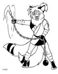  anthro bark!_(artist) black_and_white black_markings chain fangs feline inuyasha male mammal markings monochrome side_ponytail signature solo weapon 