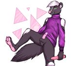 2016 anthro balls bottomless clothed clothing fur green_eyes hair looking_at_viewer male mammal pawpads penis ruth66 sex_toy skunk smile solo white_hair 