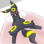  2012 :&lt; anthro bed blush collar eeveelution hi_res inside keron looking_at_viewer male nintendo nude pillow pok&eacute;mon pvt._keron reclining red_eyes solo spread_legs spreading umbreon video_games 
