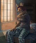  2016 anthro bed black_nose brown_fur bulge canine clothed clothing dickgirl fur hair inside intersex jackal long_hair mammal nipple_bulge open_mouth pajamas pants red_hair shelf shirt sitting solo spectrumshift window yellow_eyes 