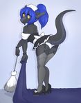  2016 anthro bare_shoulders bent_over black_bottomwear black_topwear blue_hair brush butt clothed clothing dragon female footwear garter_straps grey_scales grey_sclera hair hi_res high_heels holding_object legwear looking_back maid_uniform panties raised_tail rear_view scales scalie shoes smile solo standing stockings tyrii_ta&#039;lana underwear uniform upskirt white_bottomwear white_topwear yellow_eyes zyira 