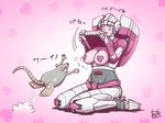  &lt;3 &lt;3_eyes ambiguous_gender arcee autobot beast_wars big_breasts blue_eyes blush breasts duo female flashing japanese_text machine mammal maximal pasties rat rattrap robot rodent sitting tack text transformers 