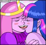  ! 2015 adventure_time blush clothed clothing crown curtsibling detailed_background digital_media_(artwork) dress duo english_text equestria_girls eyebrows eyes_closed female female/female french_kissing hair human humanoid kissing long_hair mammal multicolored_hair my_little_pony open_mouth parody pink_hair pink_skin plant princess_bubblegum purple_skin sky teeth text tongue tongue_out tree twilight_sparkle_(eg) watermark 