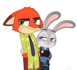  2016 absurd_res anthro badge canine clothed clothing digital_media_(artwork) disney duo female fox frown fur green_eyes grey_fur grumpy hi_res judy_hopps lagomorph male male/female mammal necktie nick_wilde police purple_eyes rabbit shirt simple_background size_difference smile teeth tight_clothing uniform zootopia zutheskunk 