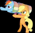  applejack_(mlp) blonde_hair cutie_mark duo earth_pony equine female feral freckles friendship_is_magic green_eyes hair hat horse launcher mammal multicolored_hair my_little_pony pegasus pony rainbow_dash_(mlp) rainbow_hair ranged_weapon weapon wings 
