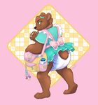  bag bear bottle bow brown_fur claws clothing diaper dress female fur green_eyes hi_res looking_at_viewer mammal pacifier powder simple_background smile solo wen 