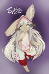  2016 ambiguous_gender anthro barefoot brown_fur clothed clothing english_text fur hair hi_res horn inner_ear_fluff japanese_clothing kimono long_hair looking_at_viewer mammal navel pants purple_background raised_leg red_hair signature simple_background solo tailzkim text topless white_fur yellow_eyes 