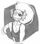  2016 anthro clothed clothing doomthewolf english_text eye_patch eyewear female fin fish gills hair hi_res long_hair looking_at_viewer marine monochrome monster ponytail scales sharp_teeth shirt simple_background sketch smile solo tank_top teeth text undertale undyne video_games white_background 