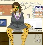  absurd_res anthro big_breasts big_tail blazer blouse breasts cleavage clothed clothing computer connie_birchenough dialogue digital_media_(artwork) female gecko green_eyes hi_res inside leopard_gecko lizard looking_at_viewer no_underwear non-mammal_breasts office plaga pussy reptile scalie skirt slit_pupils solo speech_bubble spots spread_legs spreading teacher theenglishhobo upskirt 