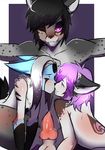  anthro balls black_hair blue_eyes canine erection eyes_closed feline girly group group_sex hair hi_res jackal kissing knot male mammal naomy nude one_eye_closed penis pink_eyes pink_hair sex simple_background smile threesome 