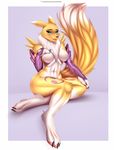  2016 anthro big_breasts black_sclera blue_eyes blush breasts bridal_gauntlets canine claws digimon doomthewolf facial_markings featureless_breasts female fox fur hi_res mammal markings mostly_nude navel renamon simple_background sitting smile solo white_fur yellow_fur 